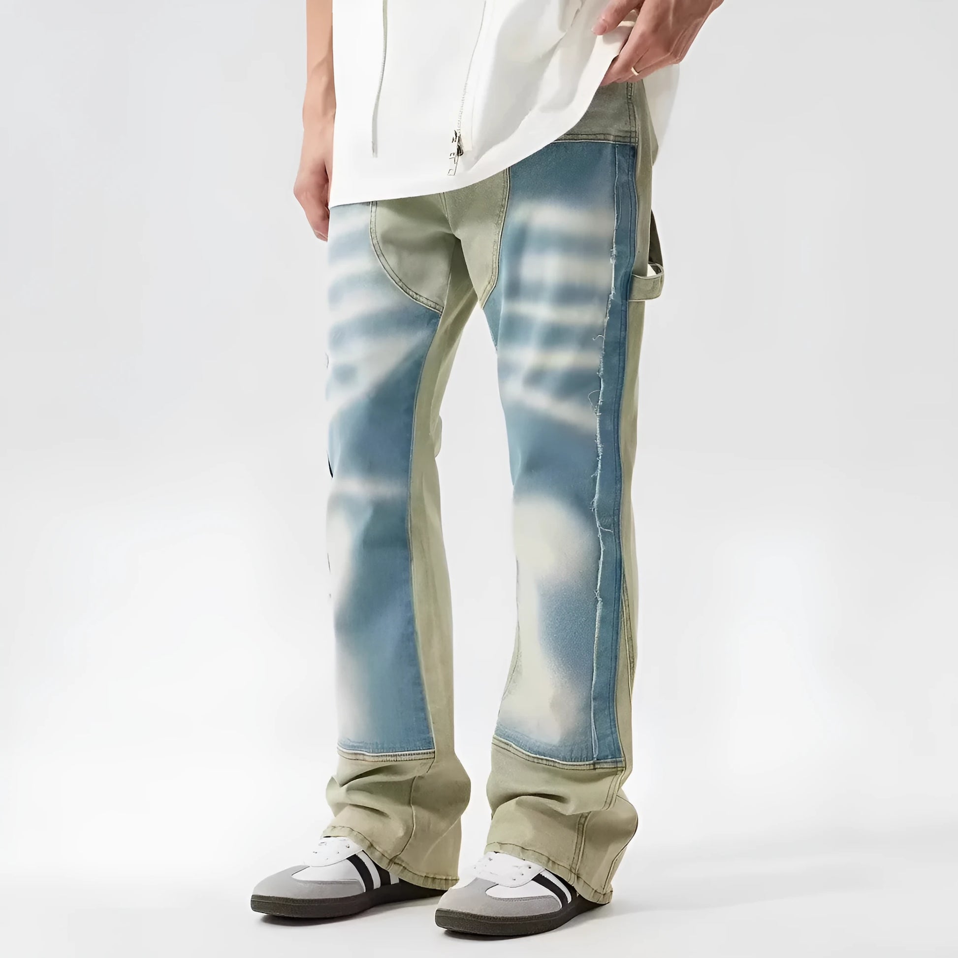 Yellow and blue patchwork splash-ink damaged jeans with mid-waist fit and zip placket