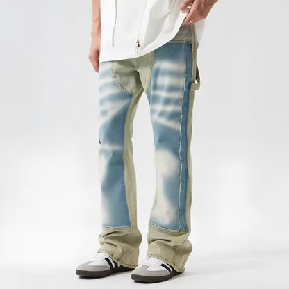 Yellow and blue patchwork splash-ink damaged jeans with mid-waist fit and zip placket