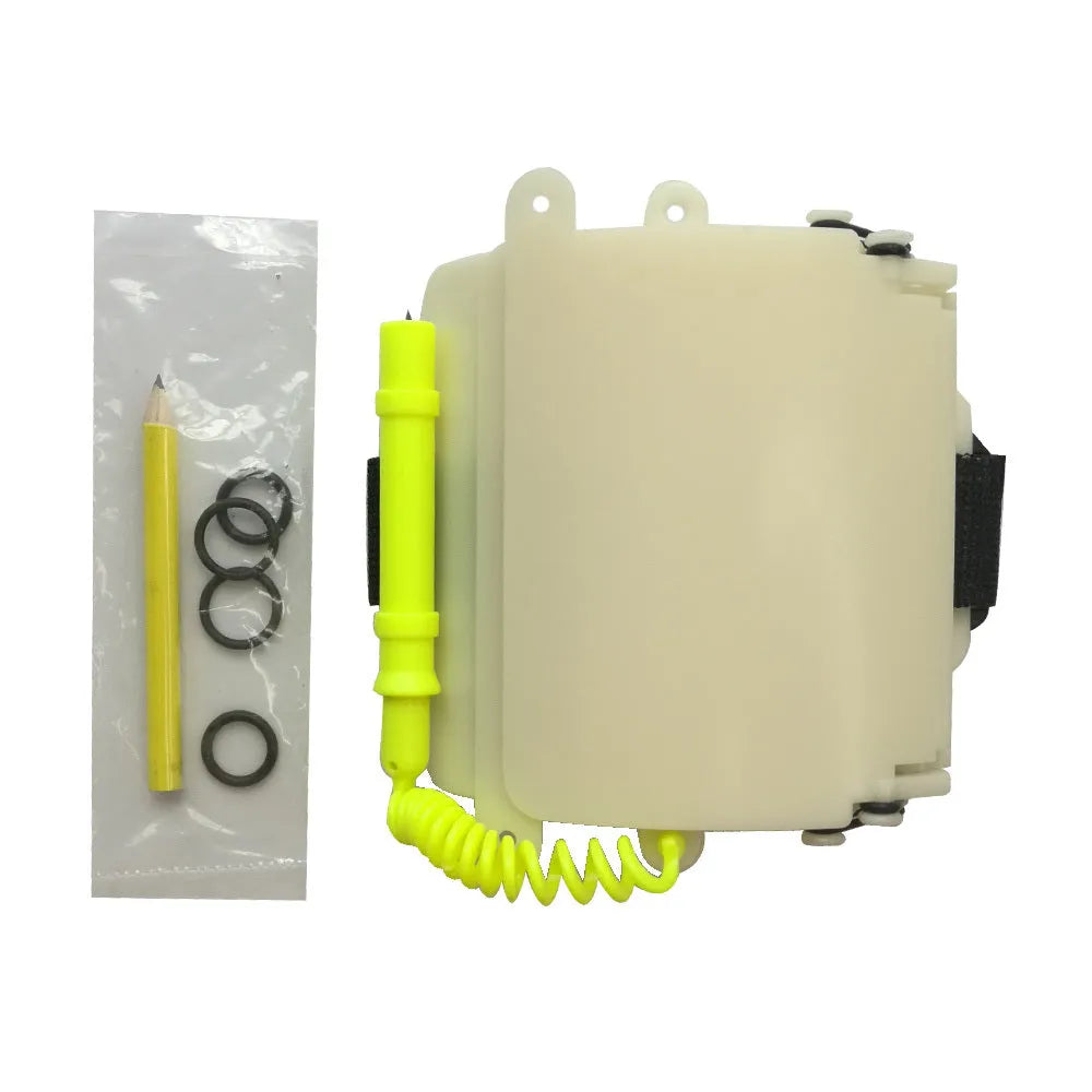 White luminous diving wrist slate with pencil and spare O-ring for underwater writing