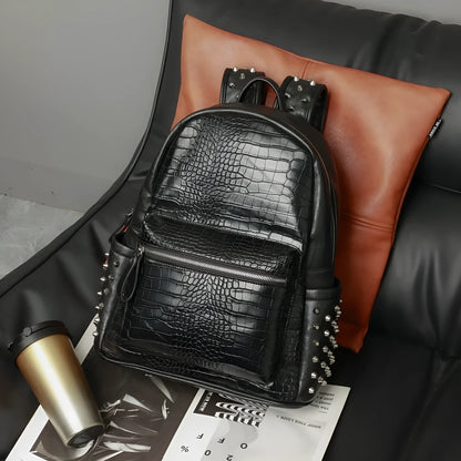 Black waterproof PU computer bag with 36-55L capacity and oil wax leather detailing