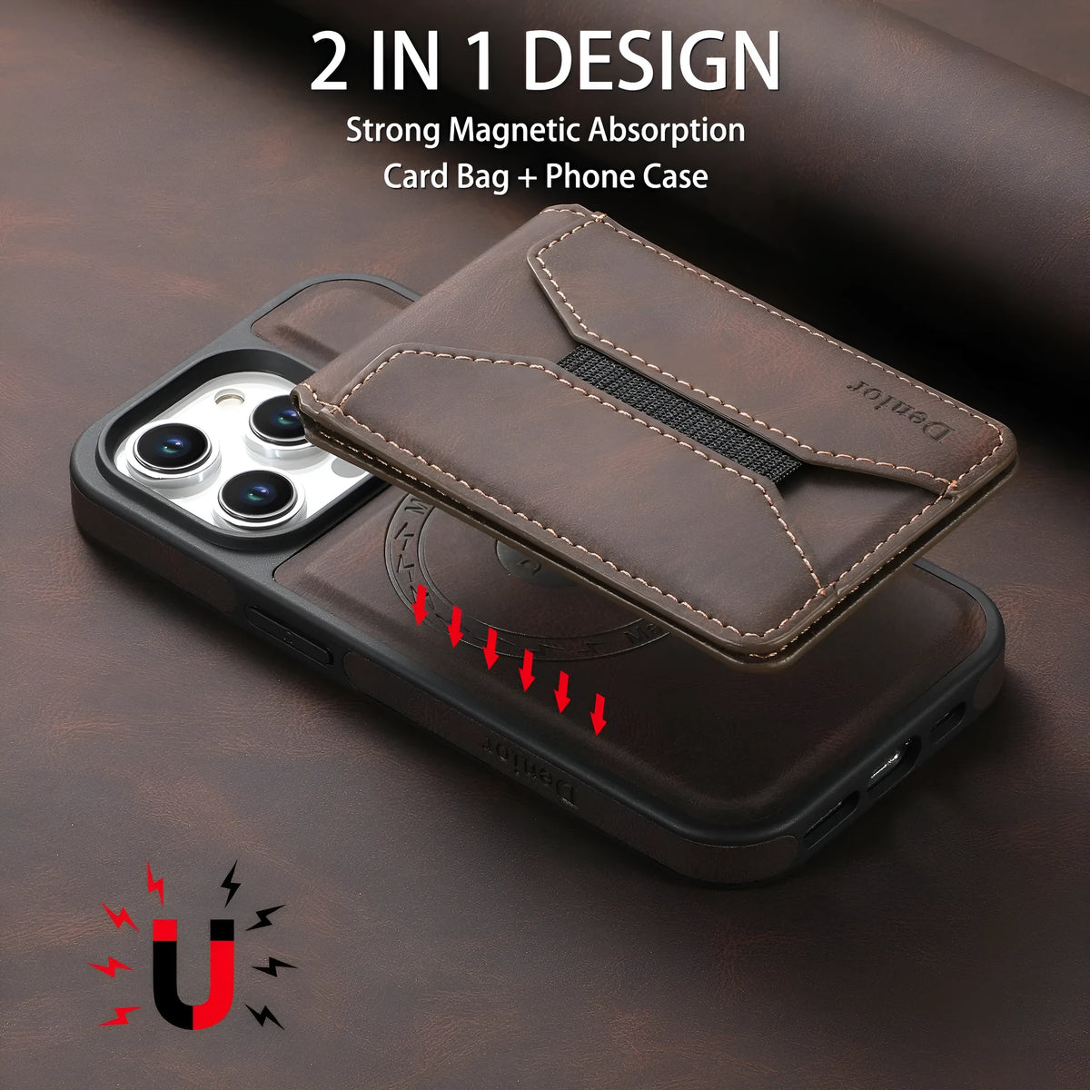Magnetic iPhone case with rotating bracket and card pack in blue, brown, or black imitation leather.