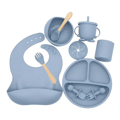 10-piece silicone baby feeding set in dark red, FDA-certified with heat resistance -40°C to +220°C for safe complementary food