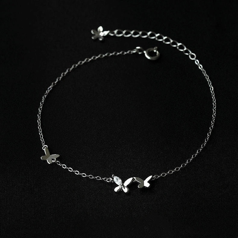 S925 Sterling Silver Butterfly Anklet with Zircon Flower Tassel in white gold color