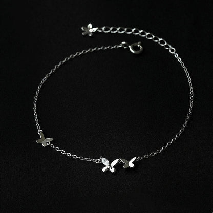 S925 Sterling Silver Butterfly Anklet with Zircon Flower Tassel in white gold color