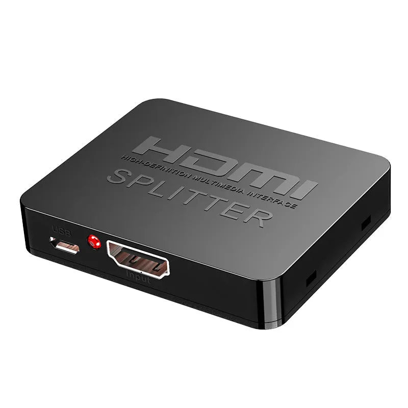 4K HDMI distributor, one input to two outputs, supports HDMI splitting for 4K resolution displays, comes with USB charger lead, available with American standard or European standard plug interface options, colour choice includes mini HDMI variant.