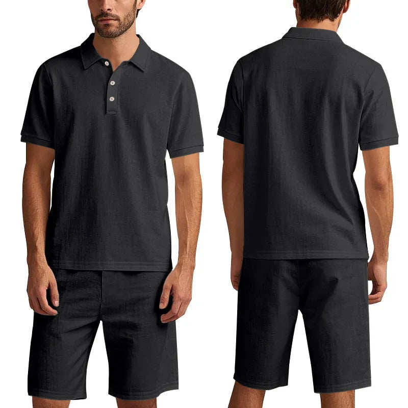 Men's light blue linen-blend short sleeve shirt and matching shorts casual summer suit set
