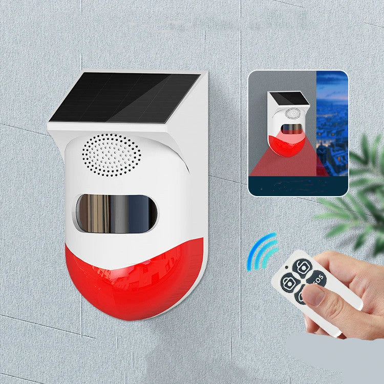Solar-powered infrared alarm system with remote control, designed for home, ranch, and factory security in the UK