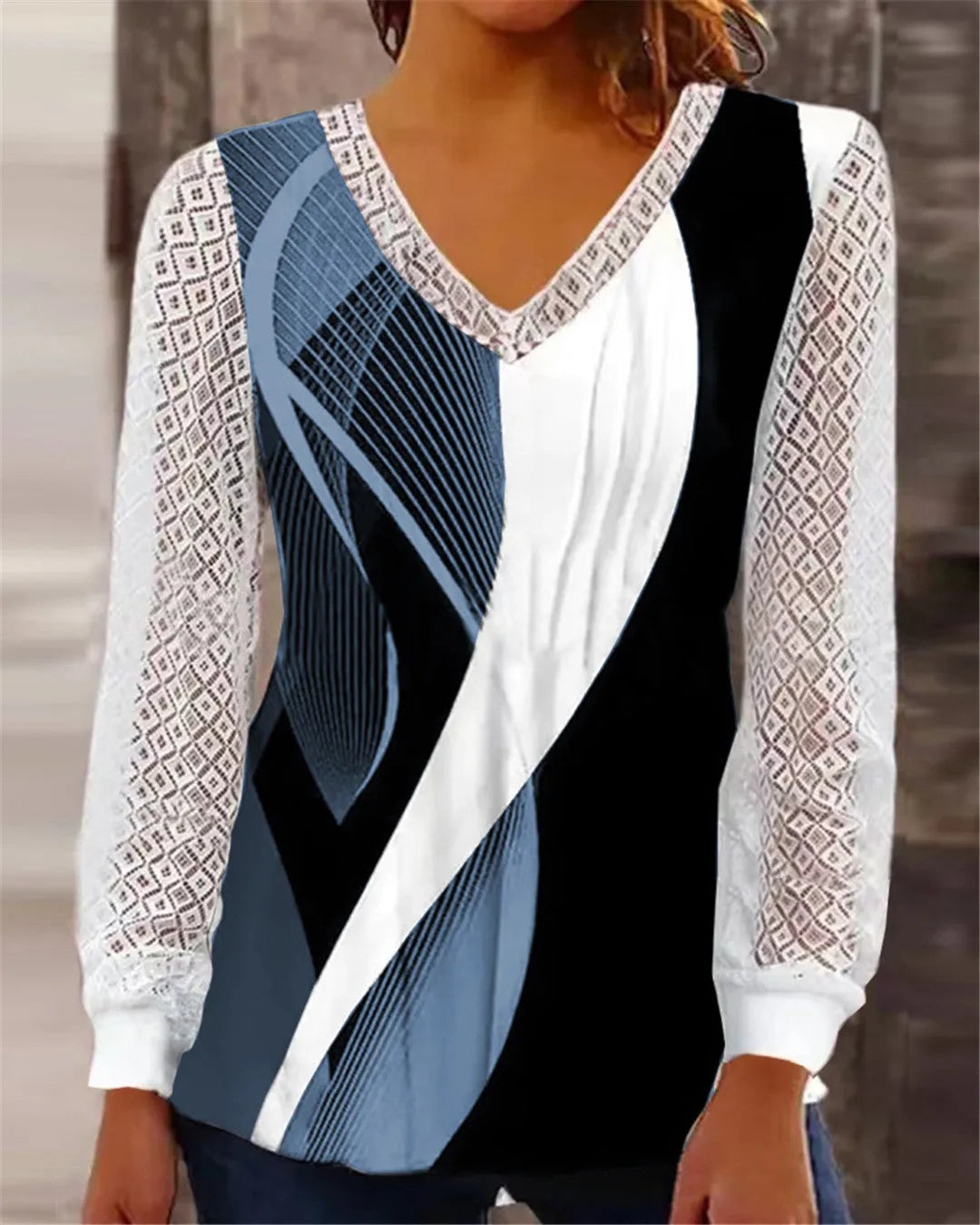 Loose V-neck women's top with hollow-out lace print in purple, wine red, grey or blue