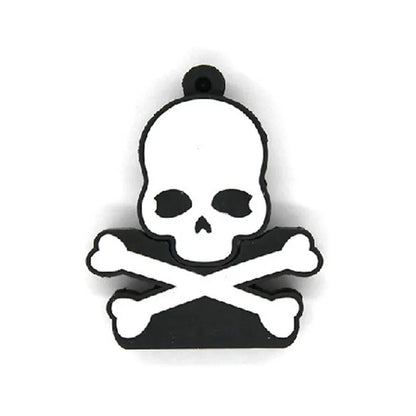 Skull-shaped black USB flash drive on a small metal keychain against a dark background.