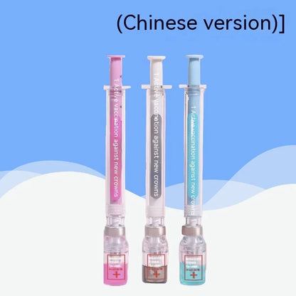 Vaccine design gel pen with plastic construction measuring 15.7cm length and using 0.5mm black refill