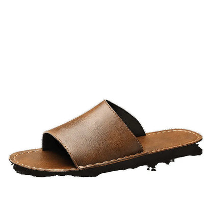 Brown leather men's sandals with a rubber sole on a neutral background