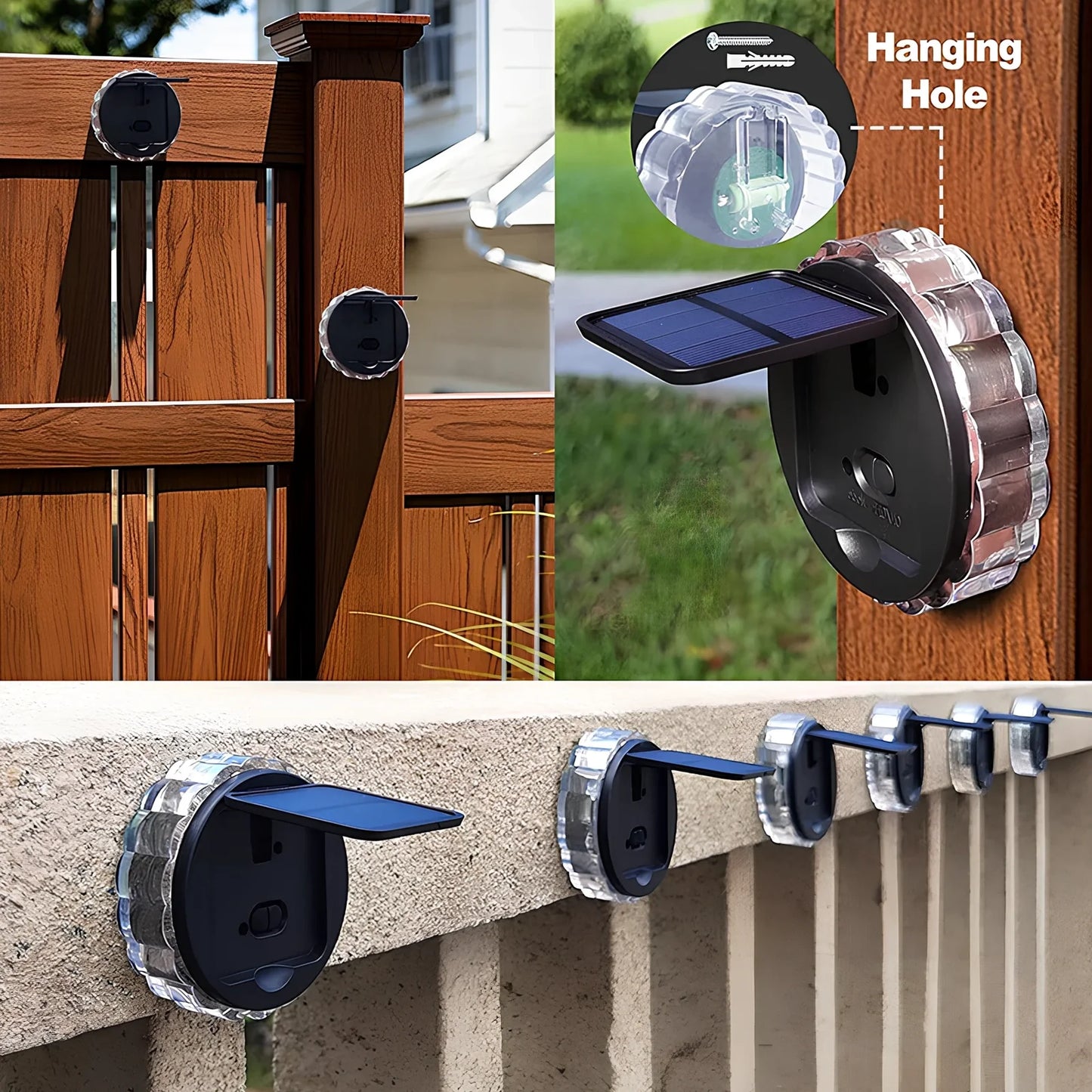 Circular solar garden wall light with 9 LED bulbs and intelligent light control for outdoor fencing