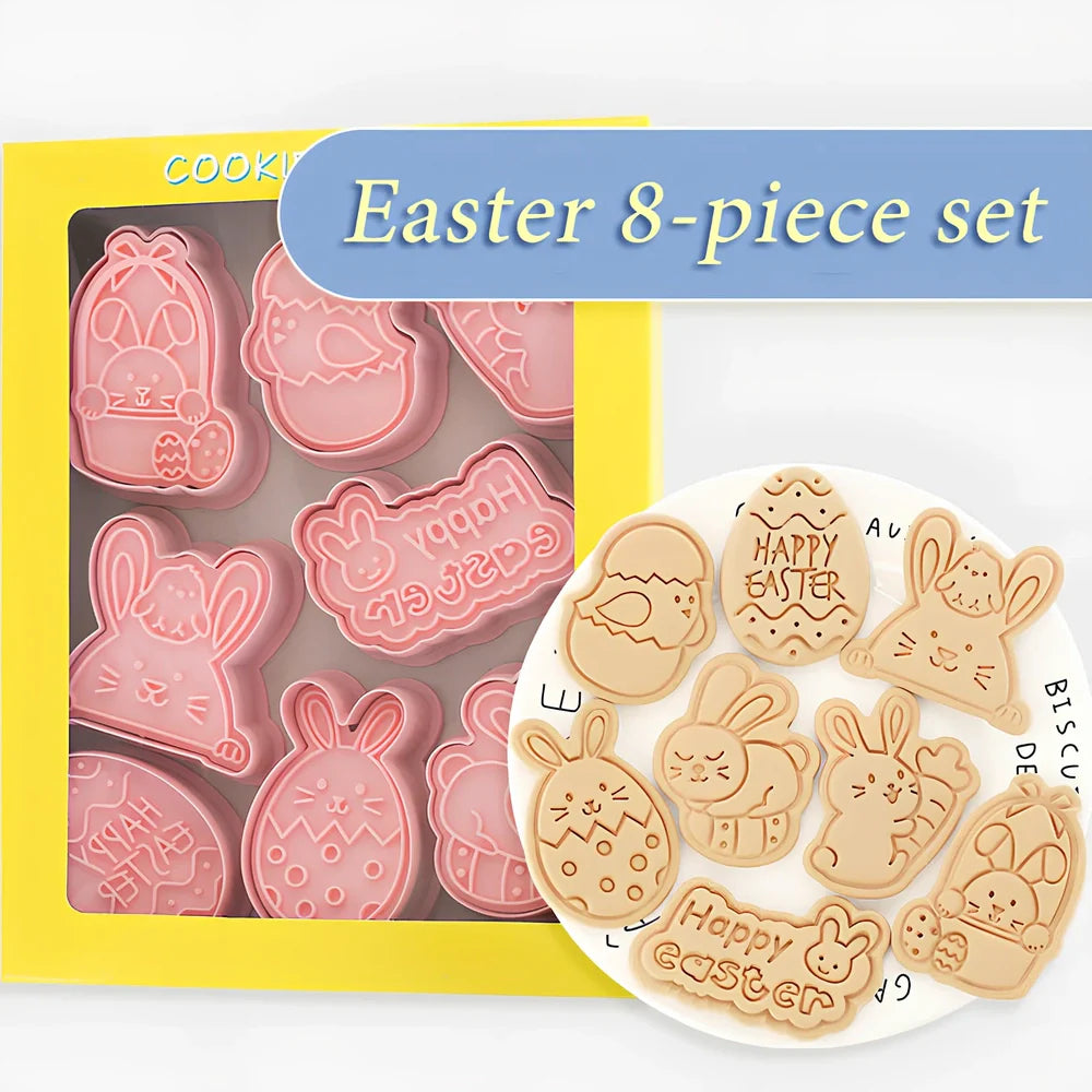8-piece plastic cartoon bunny and Easter egg biscuit molds, irregular shapes 6-10cm wide for easy dough pressing