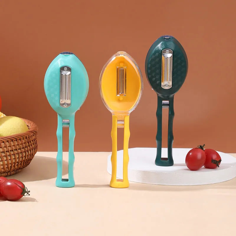 Yellow paring knife with a clear snap-on storage lid covering its stainless steel blade on a kitchen worktop.