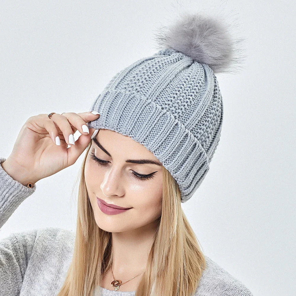 Cozy Satin-Lined Knit Beanie Hat with Faux Fur Pom Pom in Multiple Colors