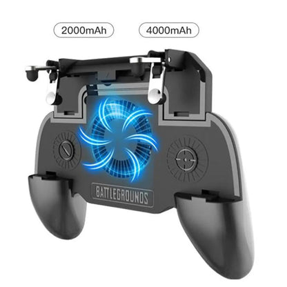 Black USB mobile game controller with aluminium alloy trim for smartphones, showing grip and action buttons.