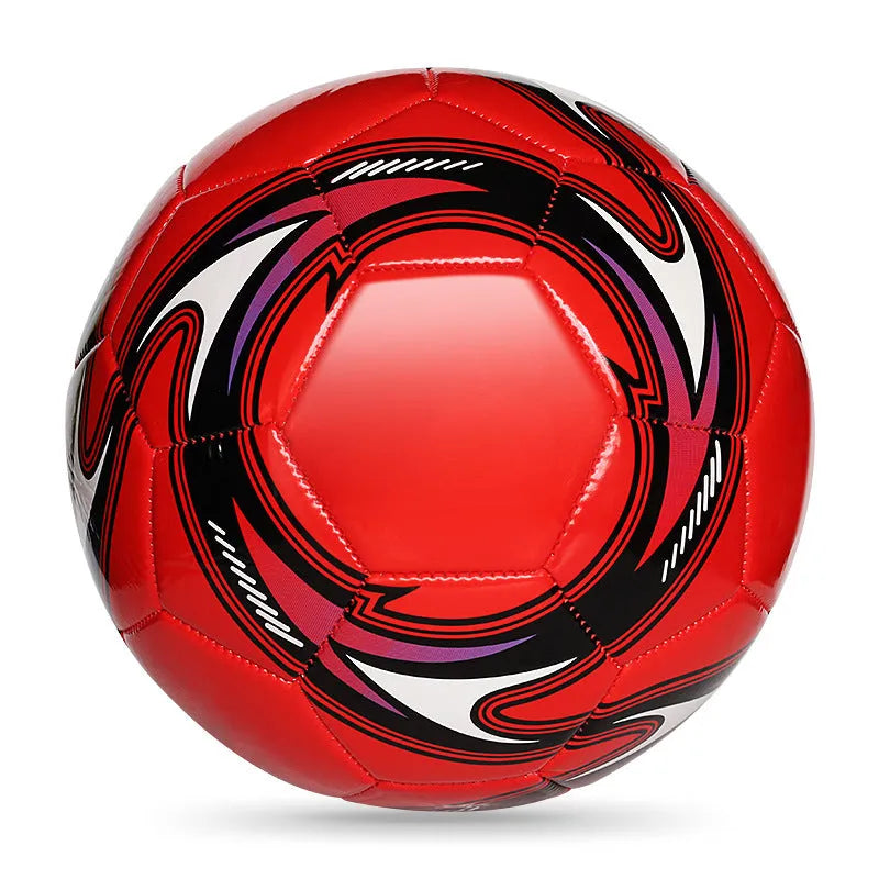 PVC machine-seam training football shown in red whirlwind colour design for size 4.