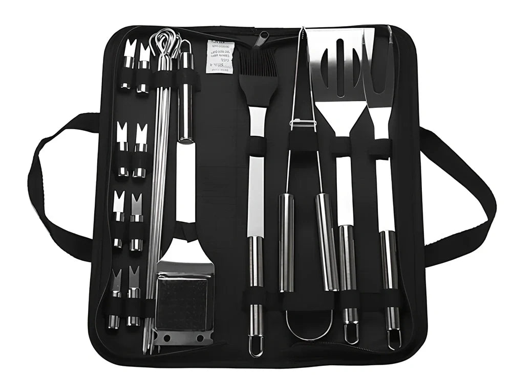 Silver 10-piece stainless steel BBQ tool set with shovel, fork, clip, strings, brush, and tote bag, sized 40x16.5x6cm for outdoor use