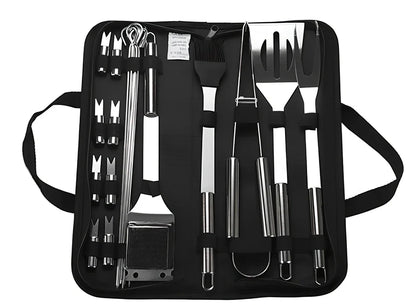 Silver 10-piece stainless steel BBQ tool set with shovel, fork, clip, strings, brush, and tote bag, sized 40x16.5x6cm for outdoor use