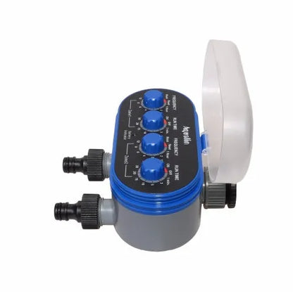 Dual timer automatic garden watering controller with battery compartment for cordless irrigation.