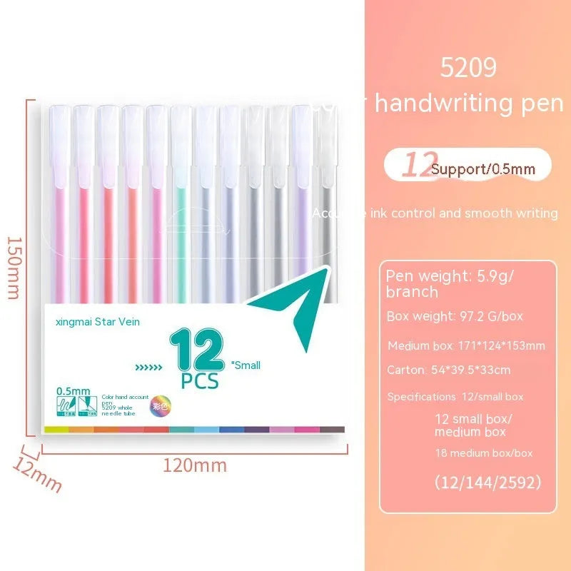 Colour box containing 12 assorted gel pens with 0.5 mm points, each in individual bags.