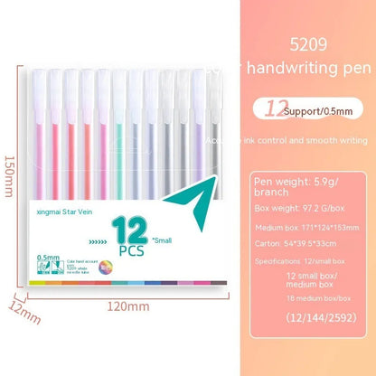 Colour box containing 12 assorted gel pens with 0.5 mm points, each in individual bags.