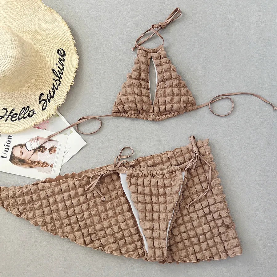 Brown seersucker three-piece women's swimsuit with lace-up design