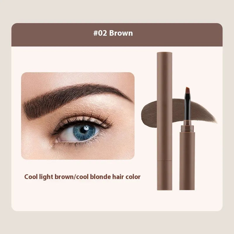 Double-headed eyebrow cream stick showing powder end and spoolie brush, with five colour shade options displayed.