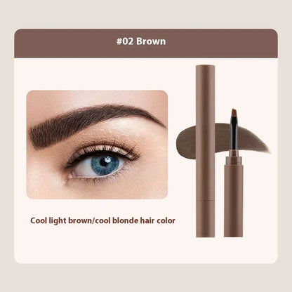 Double-headed eyebrow cream stick showing powder end and spoolie brush, with five colour shade options displayed.