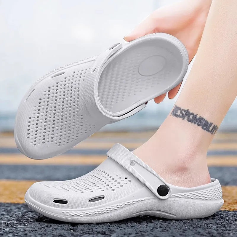 Men's EVA beach shoes with soft bottom and big toe design, shown in light grey, available in sizes 36-46