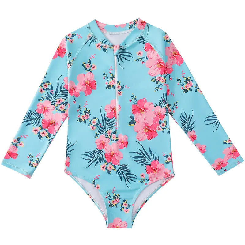 Girl's long-sleeve one-piece swimsuit in briefs style for swimming and wading