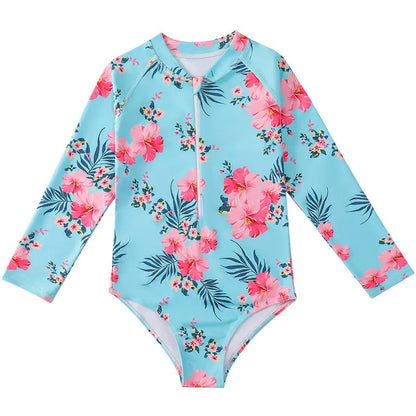 Girl's long-sleeve one-piece swimsuit in briefs style for swimming and wading