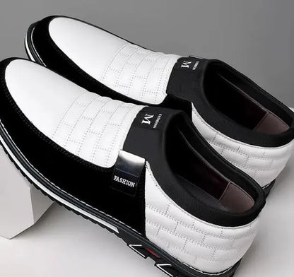 Men's low-cut blue leather casual shoes on a white background, showing the leisure design.