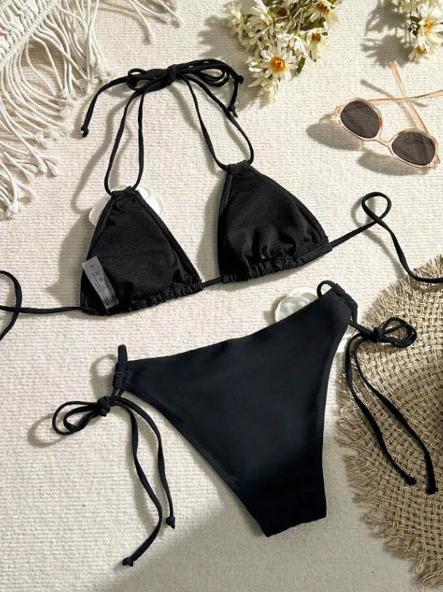 Black 3D flower lace bikini swimsuit with drawstring detailing and backless briefs design