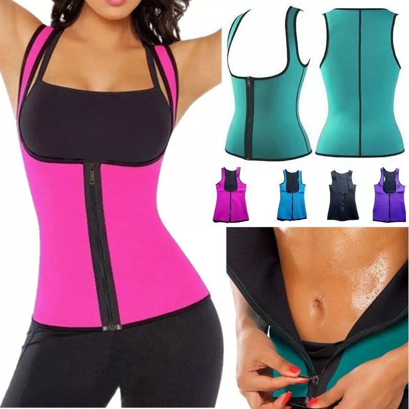 Zipper-style ladies neoprene corset in blue for tummy control and yoga