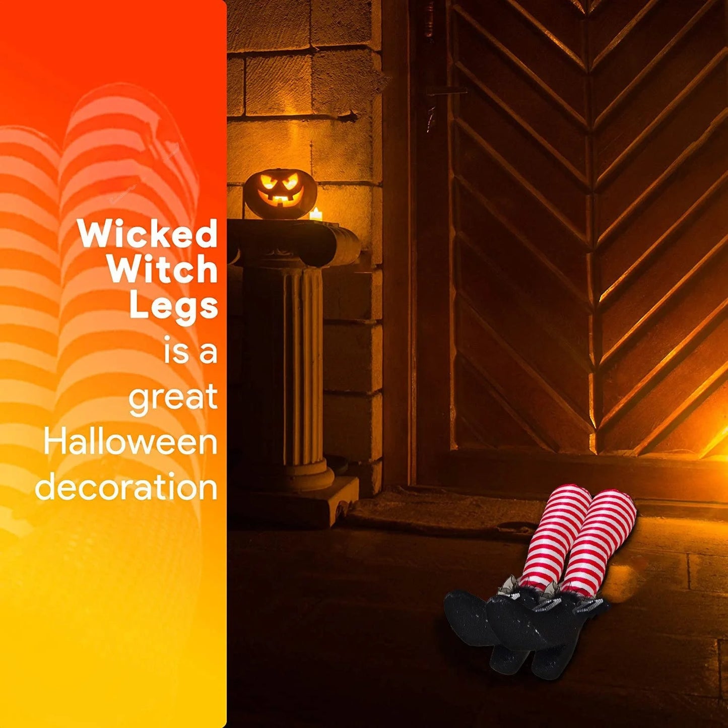 Halloween witch leg garden decoration with striped stockings and black boots