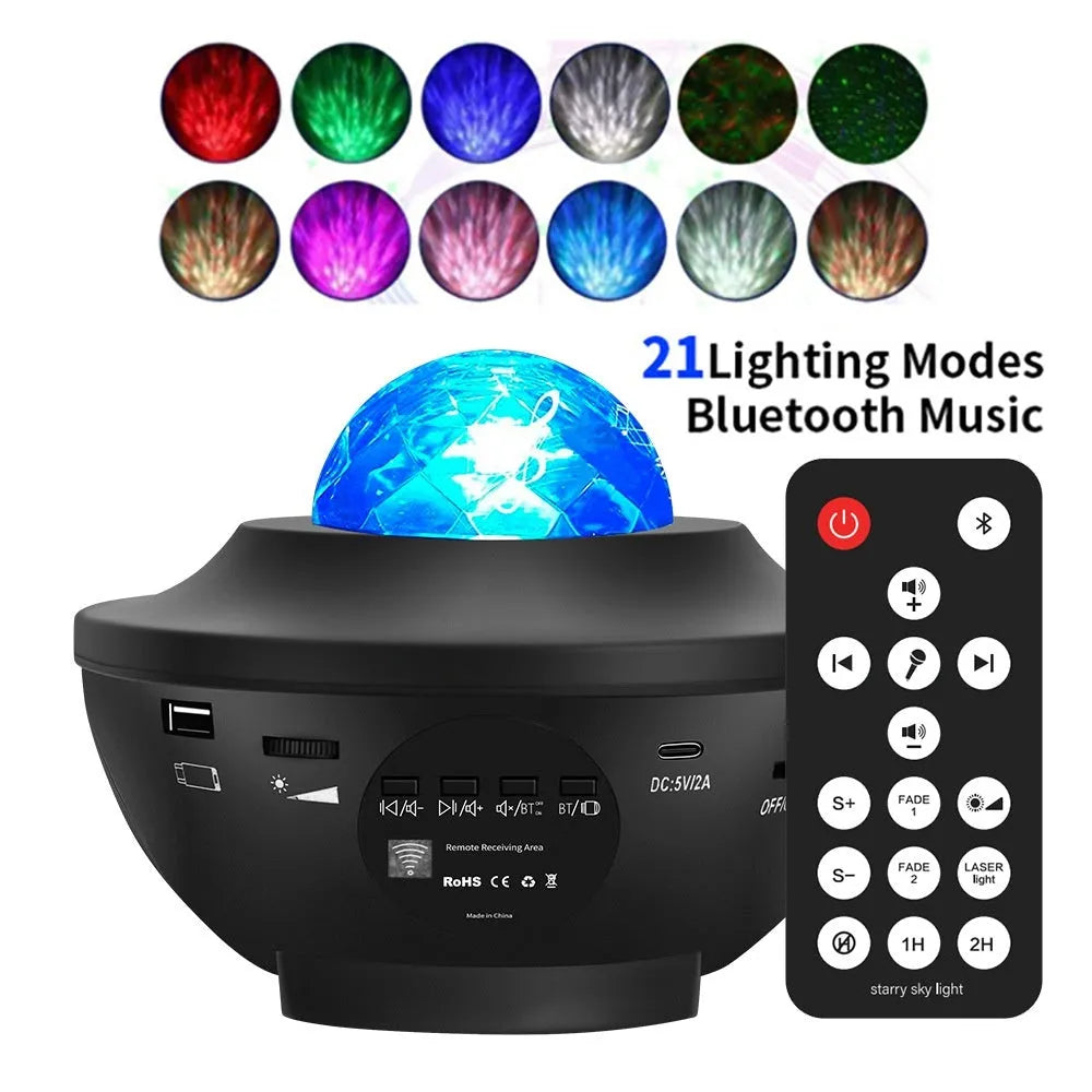 Small black bowl-shaped starry sky projection lamp with remote control on a desk.