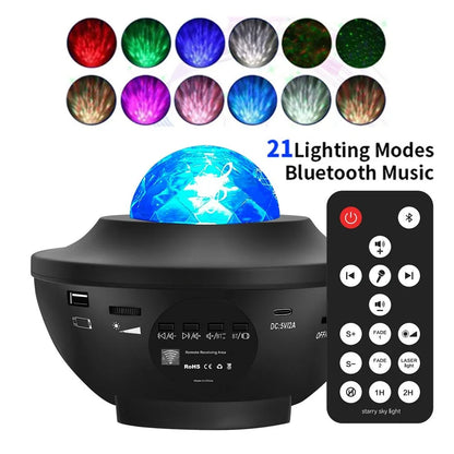 Small black bowl-shaped starry sky projection lamp with remote control on a desk.