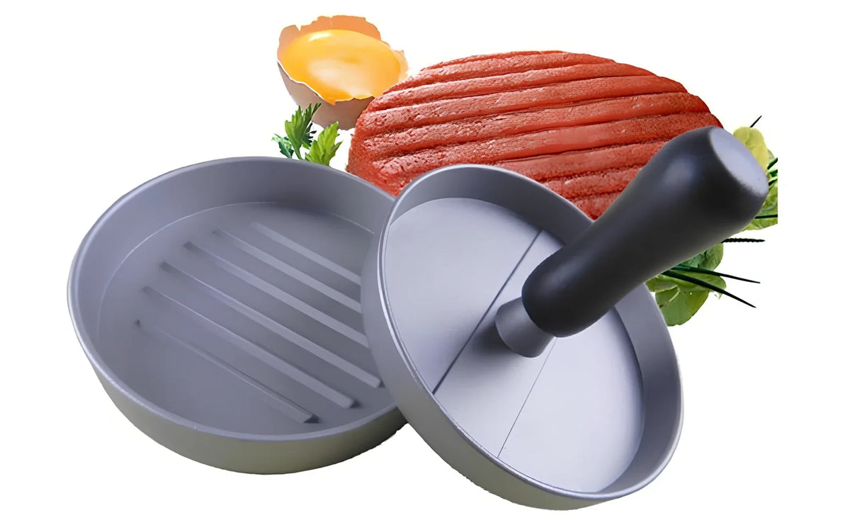 Aluminium burger press with base and handled plate for 1cm thick patties