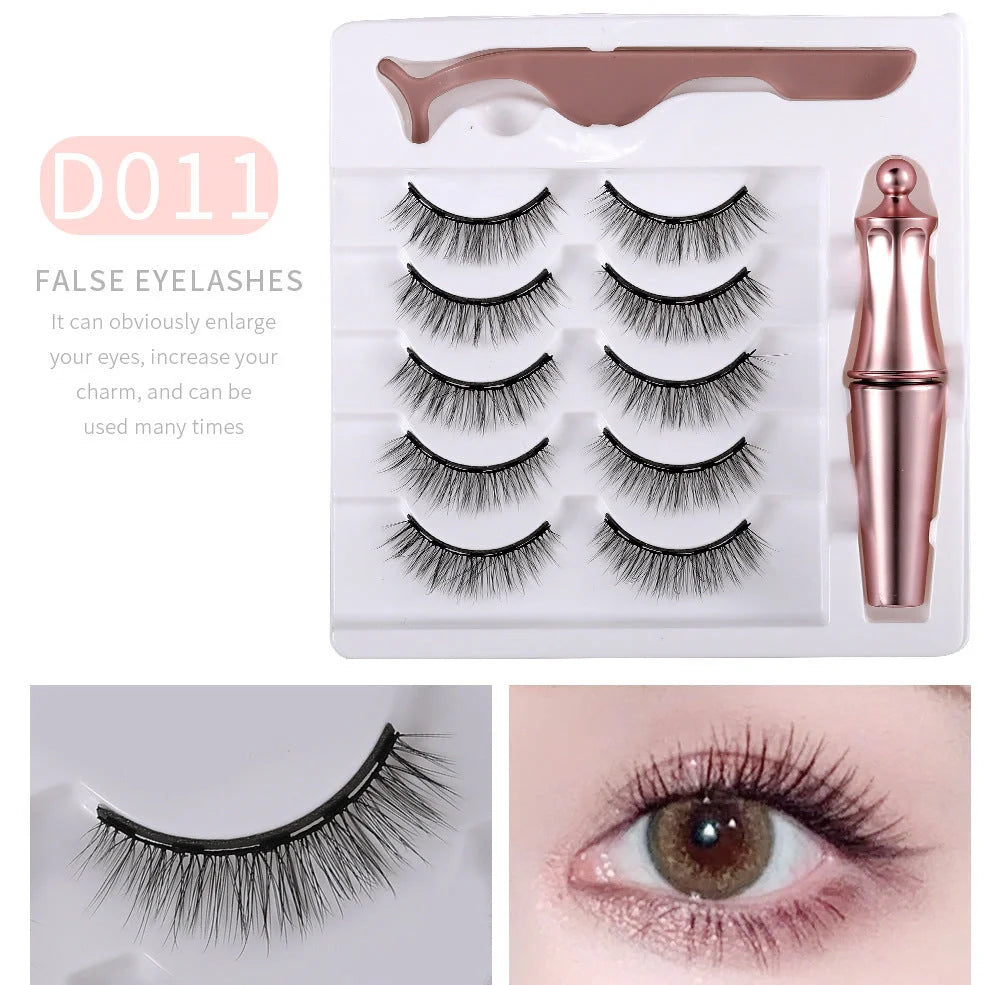 5 pairs of magnetic false eyelashes with tweezers and eyeliner on white background