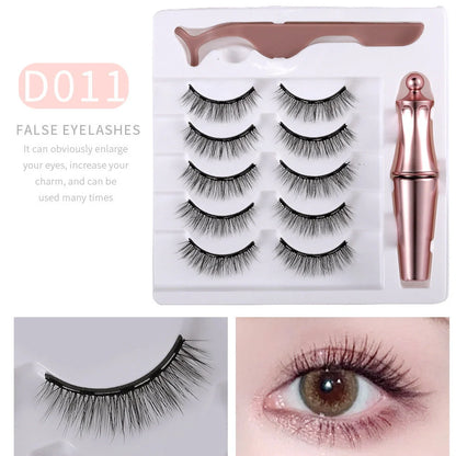 5 pairs of magnetic false eyelashes with tweezers and eyeliner on white background