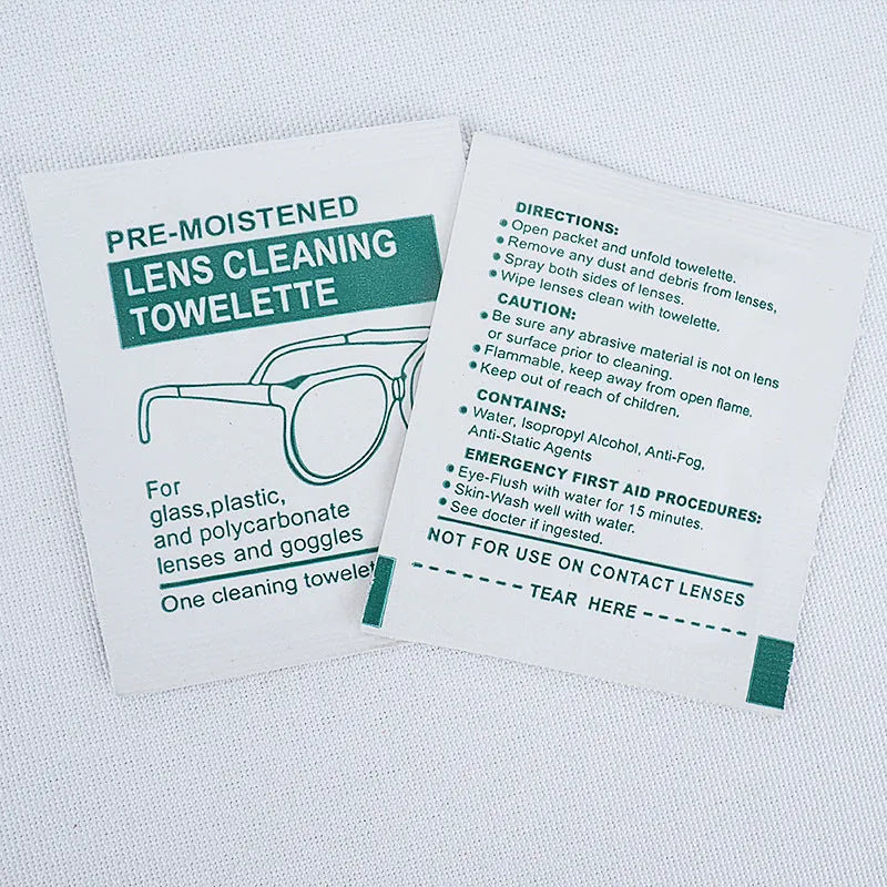 Pack of 100 white, individually sealed quick-drying lens cleaning wipes for glasses and screens.