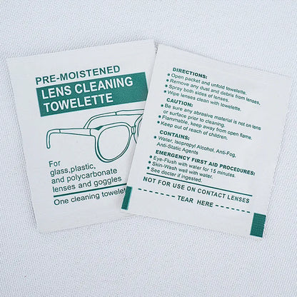 Pack of 100 white, individually sealed quick-drying lens cleaning wipes for glasses and screens.