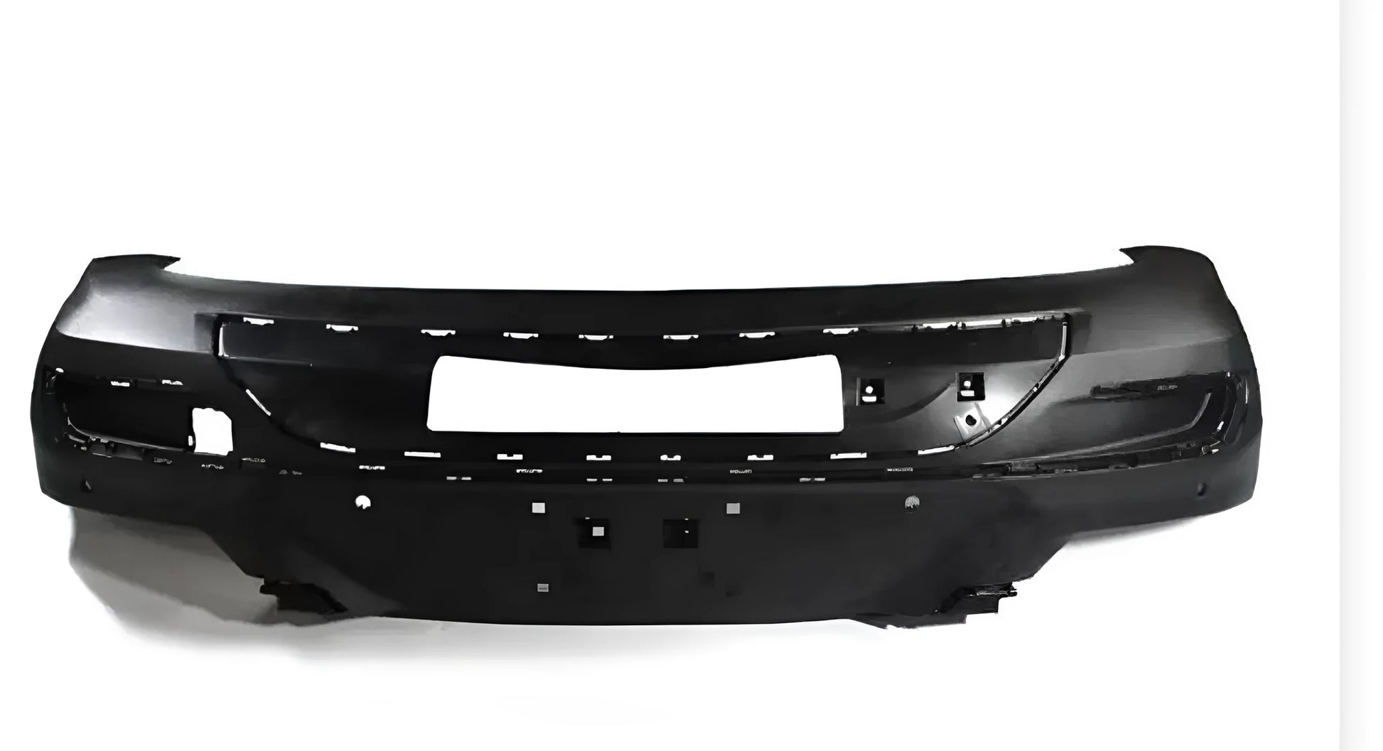 Black plastic automotive replacement bumper panel for car body repair