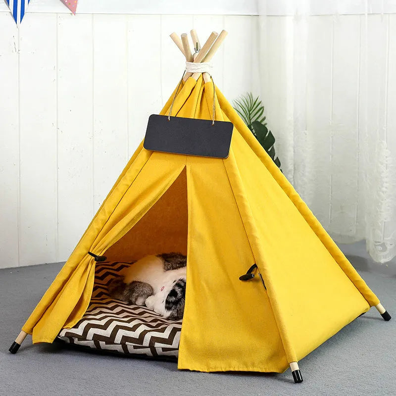 White and yellow striped flax linen pet teepee tent with cushion for small dogs or cats.