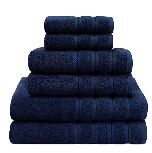 Three-piece long staple cotton towel set in blue: 33x33cm face cloth, 70x33cm hand towel, 70x137cm bath towel