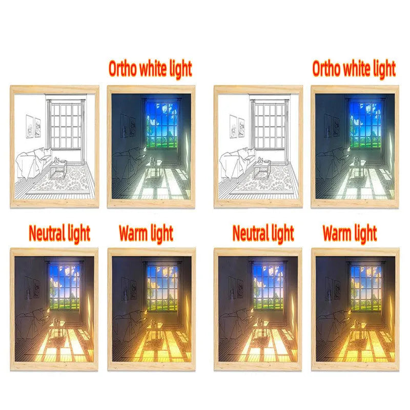 Illuminated acrylic LED decorative light painting showing a sunshine scene, with USB cable and button switch.
