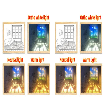 Illuminated acrylic LED decorative light painting showing a sunshine scene, with USB cable and button switch.