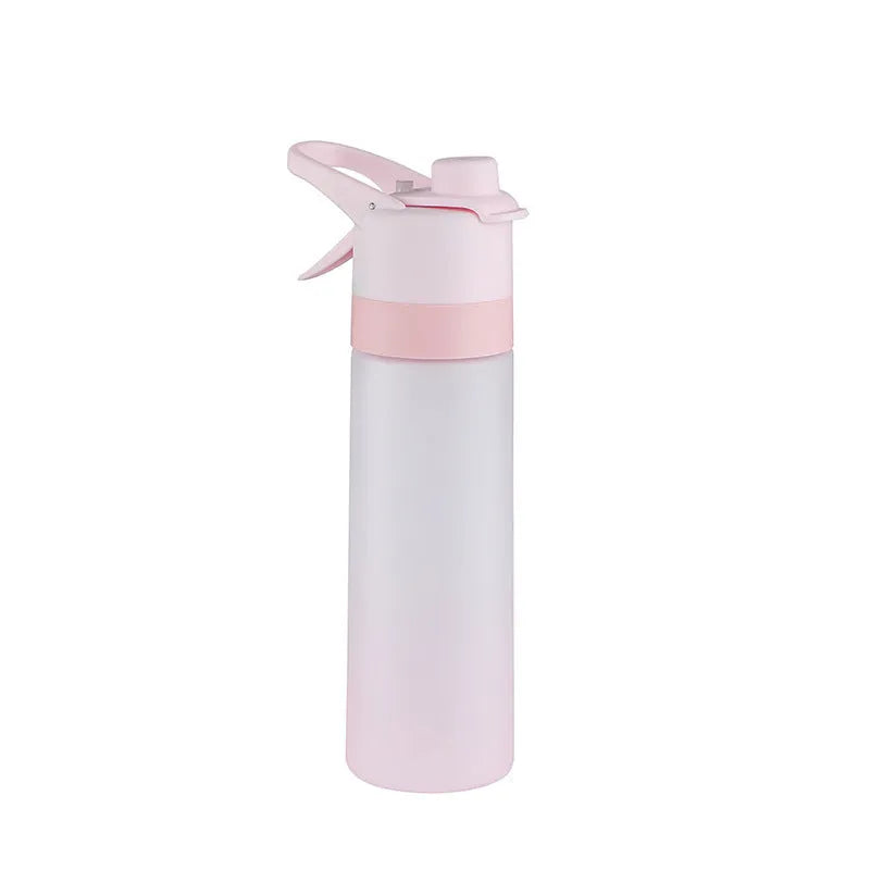 White spray water bottle with black leakproof lid and handle strap on a table