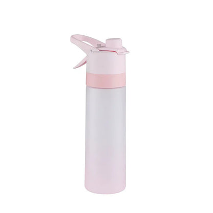 White spray water bottle with black leakproof lid and handle strap on a table